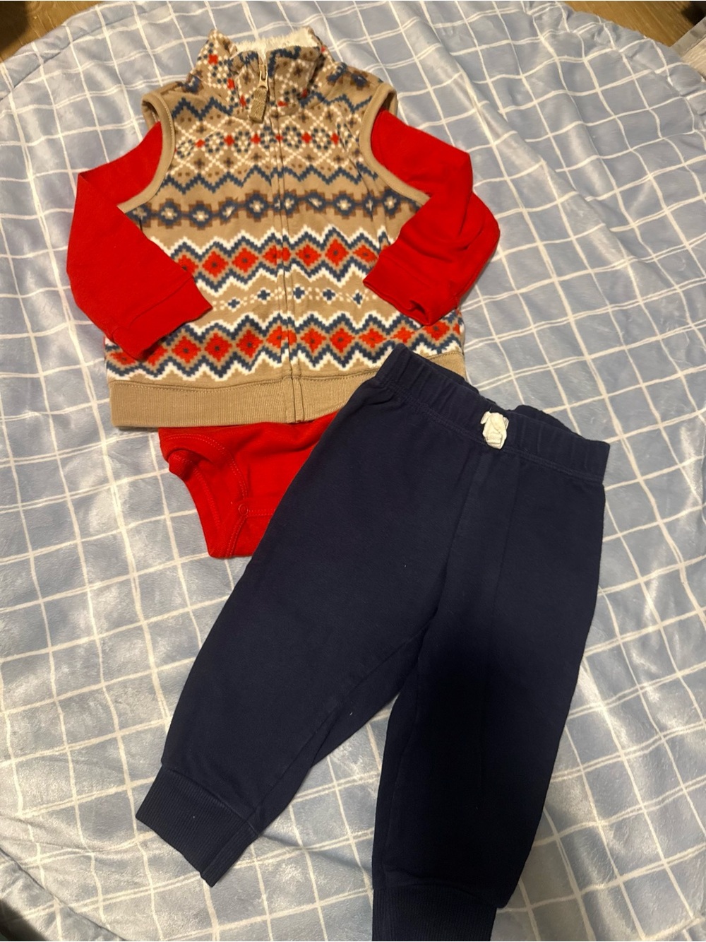Carter's Red Bodysuit Fair Isle Vest and Navy Pants Set